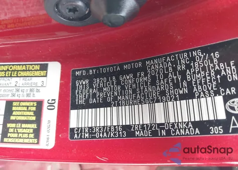 2016 Toyota Corolla Le z USA, uszkodzony, nr VIN 2T1BURHE5GC719021